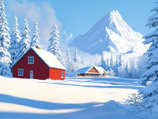 Naklejka premium A red house sits alone in a deep blanket of snow, surrounded by snow-covered chalets and bare, frost-covered trees