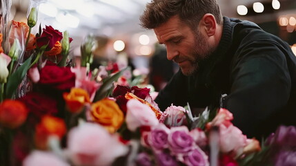 A talented florist arranging a vibrant bouquet in a modern floral shop, attention to detail and artistic skill in the arrangement