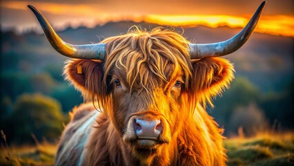 Majestic Highland Cattle Bull Close Up: Long Horns & Shaggy Coat