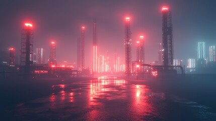 A cyberpunk industrial complex illuminated by endless streams of neon light. Giant machines work autonomously, while glowing pipes stretch into the distance, disappearing into the vibrant haze. 