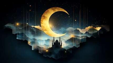 Golden crescent moon over mosque, misty mountains, night sky; Ramadan greeting card