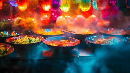A vibrant street food stall in Ho Chi Minh City serving steaming bowls of phở amid colorful chaos.