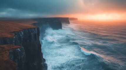 Fototapeta premium Dramatic Coastal Cliffs at Dusk with Powerful Waves Crashing Against the Rocky Shore under a Moody Sky