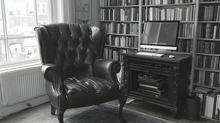 Leather chair, bookshelves, study, computer, window