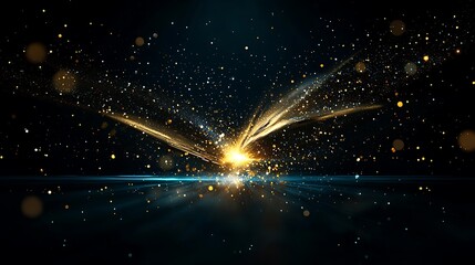 Golden light explosion, dark background, sparkles, energy, abstract art, for design