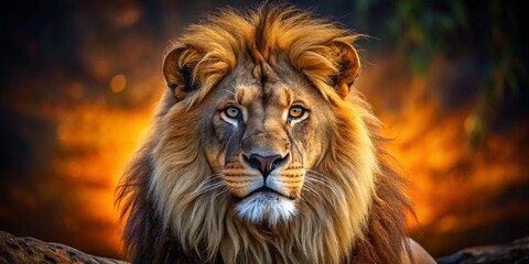 Fototapeta premium Majestic Lion Portrait: Intense Gaze, Dark Background Stock Photo