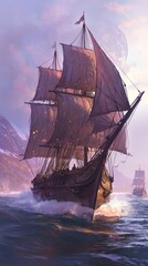 A fantasy coastline bathed in the soft glow of a crescent moon. Radiant waves crash gently onto a shore of glowing sand, while ethereal ships with translucent sails drift across the horizon. 