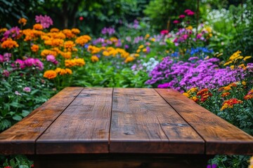 Vibrant flower garden with rustic wooden table in a lush outdoor setting during sunny weather