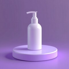 Minimalist Product Display: A sleek, white pump bottle of lotion or hand soap stands on a purple circular podium, bathed in soft, diffused light.