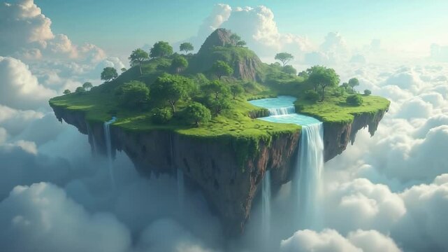 Floating island with waterfalls among clouds. The concept of utopia or a soaring world