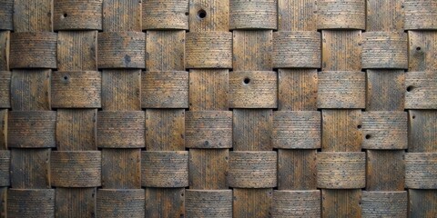 Intricate Woven Wood Panel A Detailed Texture of Interlaced Wooden Slats Featuring a Rustic, Weathered Appearance