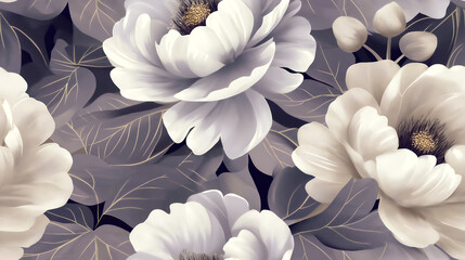 Luxurious seamless floral pattern featuring white blooms and golden-lined leaves for elegant decor and textiles