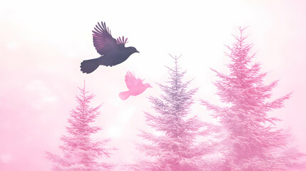Fototapeta premium Birds flying, snowy forest, pink dawn, peace, design