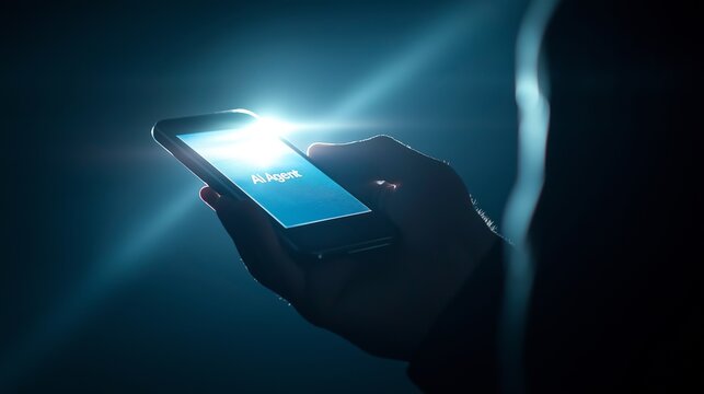 A glowing smartphone displaying the text AI agent highlighting artificial intelligence and AGI during the singularity as a virtual assistant representative and customer service support rep