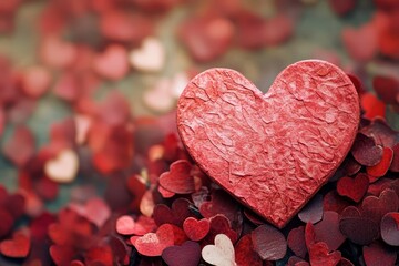 Obraz premium Red heart shape in focus among many scattered small hearts. Concept of love and romance for Valentine's day.