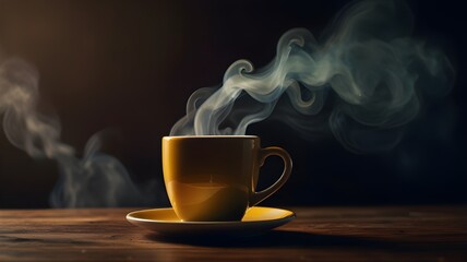 Realistic photo of a cup of hot coffee with smoke rising