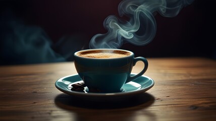Realistic photo of a cup of hot coffee with smoke rising