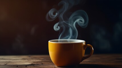 a cup of hot coffee with smoke rising