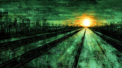 Fototapeta premium A futuristic city at dawn, where glowing skyscrapers reflect the golden light of the rising sun. The streets below bustle with life, as autonomous vehicles glide along radiant pathways, and 