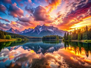 Obraz premium Majestic Mountain Sunrise Lake Reflection - Serene Dawn Landscape Photography