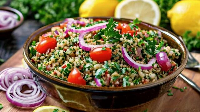 A close up of a bowl of tabbouleh salad with lemon, red onion, and cherry tomatoes