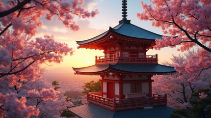 Obraz premium Wooden Japanese Pagoda Amidst Cherry Blossoms