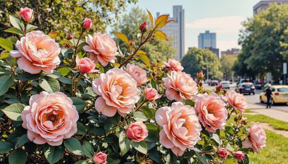 Lush rose bush blooming in urban park, vibrant spring beauty