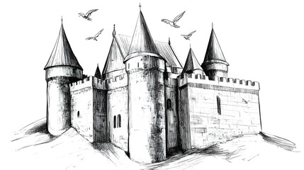 Obraz premium Majestic Fantasy Castle Surrounded by Mystical Energies in Dramatic Landscape