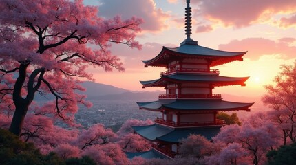 Obraz premium Traditional Wooden Japanese Pagoda Amidst Cherry Blossoms