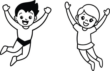Happy kids jumping line art coloring page