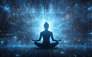 Silhouette of a Meditating Figure Surrounded by Vibrant Cosmic Light Patterns Symbolizing Spirituality and Inner Harmony