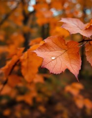 A close-up of vibrant orange leaves with a water droplet showcasing autumn beauty