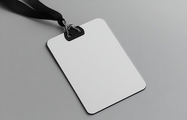 Blank Name Tag Mockup: A clean, minimalist mockup showcasing a blank rectangular name tag with a black lanyard, ready for your design or text. Perfect for branding or identity projects. 