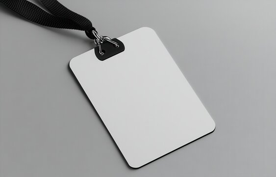 Blank Name Tag Mockup: A clean, minimalist mockup showcasing a blank rectangular name tag with a black lanyard, ready for your design or text. Perfect for branding or identity projects. 