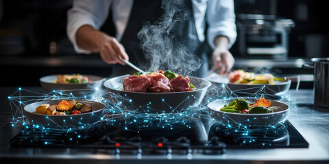 In a sleek kitchen, a chef skillfully assembles gourmet plates. Fresh vegetables and meats are artfully arranged, with a focus on innovative culinary techniques and vibrant presentation.
