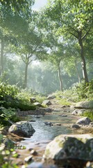 Tranquil forest stream in morning light nature low angle view serenity captured