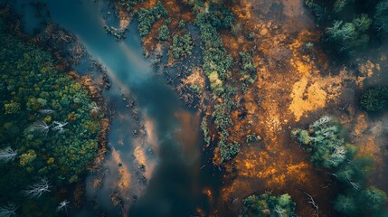 An aerial view of a rainforest river its surrounding greenery turning brown from deforestation and pollution.