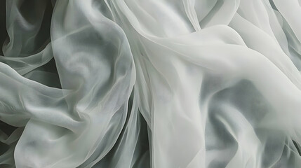 Obraz premium Elegant white chiffon fabric draped dramatically, showcasing its soft texture and delicate folds against a muted green background. Perfect for design and fashion projects.