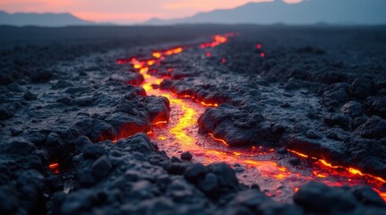 Fototapeta premium Flowing Lava and Jagged Rocks in a Volcanic Landscape