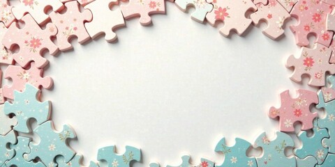 Floral Puzzle Frame Pastel Pink and Blue Jigsaw Pieces Create a Blank Space for Your Text or Image