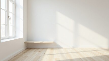 Fototapeta premium Sunlight Illuminates a Minimalist Room with a Simple Wooden Shelf