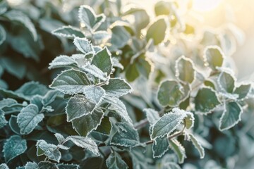 Winter serenity in a snow covered garden with frosted green shrubs