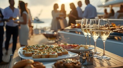 An elegant yacht party during a coastal cruise guests enjoying hors doeuvres on deck.