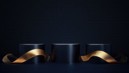 Elegant Black and Gold Display: Three sleek, black cylindrical podiums are elegantly adorned with flowing gold ribbons.