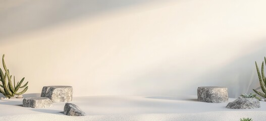 Minimalist Product Display: Two natural stone platforms, adorned with delicate desert plants, rest on a neutral backdrop, illuminated by a soft, warm light.