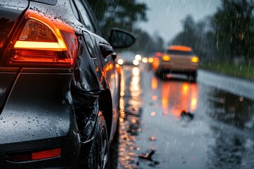 Rainy traffic incident car rear-ended in rainstorm urban street photo nighttime rear view accidents and safety awareness