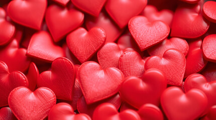 Obraz premium A detailed close-up of glossy red hearts, featuring a polished texture and vibrant red theme, ideal for expressing love on Valentine's Day