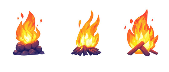Crisp composition of three vibrant bonfires with dynamic flames