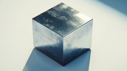 photorealistic isometric perspective of a metal cube with sharp edges casting subtle light...