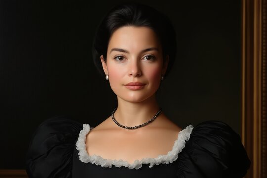 Elegant woman in vintage attire posing with classic elegance in dim lighting